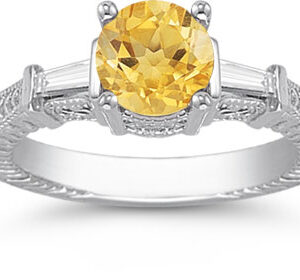 Citrine and Diamond Engraved Engagement Ring, 14K White Gold