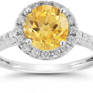 Citrine and Diamond Halo Gemstone Ring in 14K White Gold