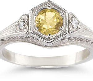 Citrine and Diamond Heart Ring in 14K White Gold