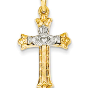 Claddagh Cross Necklace in 14K Two-Tone Gold