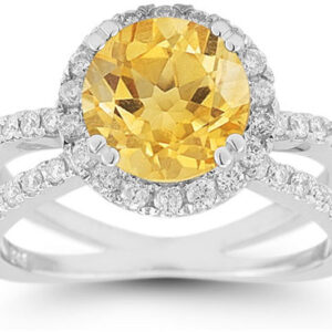 Criss-Cross Pave Diamond and Citrine Halo Ring