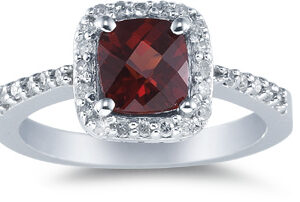 Cushion-Cut Garnet and Diamond Ring, 14K White Gold