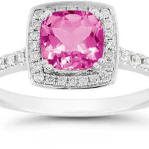 Cushion-Cut Pink Topaz Halo Ring, 14K White Gold