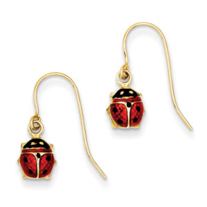 Dangling Enameled Ladybug Earrings in 14K Gold