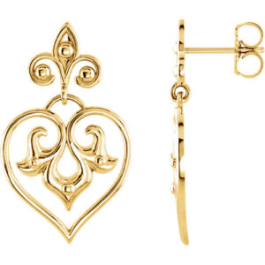 Decorative Heart Dangle Earrings in 14K Gold