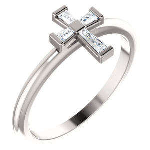 Diamond Baguette Cross Ring for Women in 14K White Gold