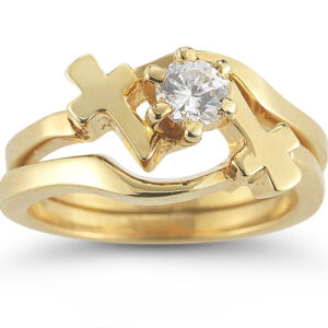 Diamond Cross Wedding Ring Bridal Set in 14K Yellow Gold