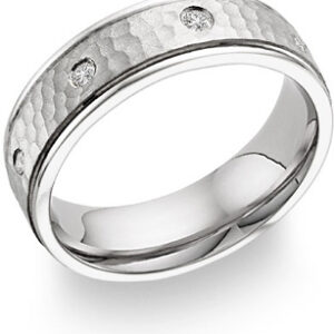 Diamond Hammered Wedding Band, 14K White Gold