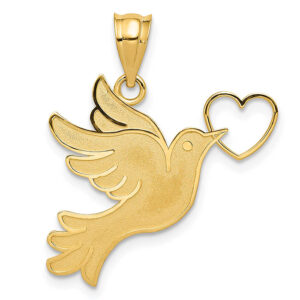 Dove with Heart Pendant, 14K Yellow Gold