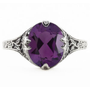 Edwardian Style Floral Design Oval Amethyst Ring in 14K White Gold