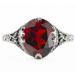 Edwardian Style Floral Design Oval Garnet Ring in 14K White Gold