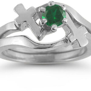 Emerald Cross Wedding Ring and Bridal Engagement Ring Set, 14K White Gold