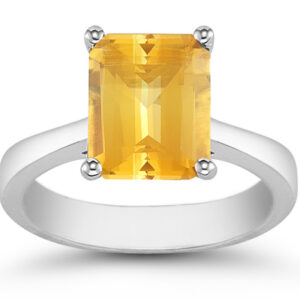 Emerald Cut Citrine Solitaire Ring in 14K White Gold