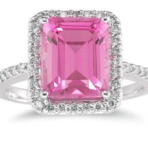 Emerald Cut Pink Topaz and Diamond Ring 14K White Gold