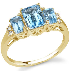 Emerald-Shaped Three-Stone Cathedral Blue Topaz Ring in 14K Yellow Gold