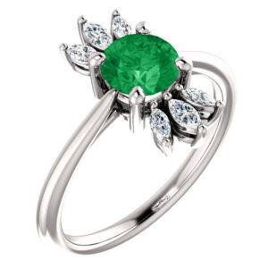 Emerald and Marquise Diamond Petal Ring in 14K White Gold