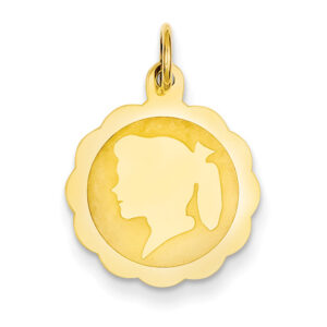 Engravable Scalloped Girl Head Disc Pendant in 14K Gold