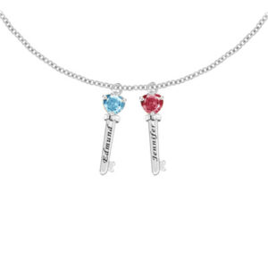 Engraved Family Key Pendant Necklace with 2 CZ Gemstones in Sterling Silver