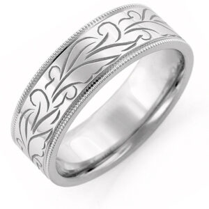 Engraved Floral Wedding Band, 14K White Gold