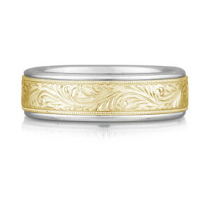 Engraved Paisley Wedding Band Ring, 14K Two-Tone Gold