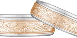 Engraved Paisley Wedding Band Set, 14K Rose and White Gold