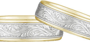 Engraved Paisley Wedding Band Set, 14K Two Tone Gold