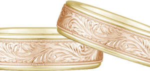 Engraved Paisley Wedding Band Set, 14K Yellow and Rose Gold