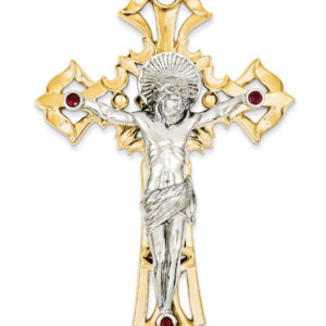 Extra Large Crucifix Pendant with Red CZ in 14K Two-Tone Gold