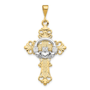 Fleur-de-Lis Claddagh Cross Pendant Necklace, 14K Two-Tone Gold