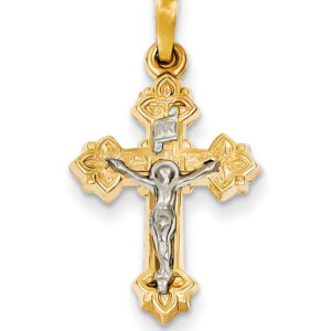 Fleur-de-Lis INRI Crucifix Necklace, 14K Two-Tone Gold