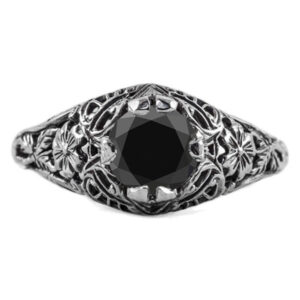 Floral Edwardian Style Black Diamond Ring in 14K White Gold