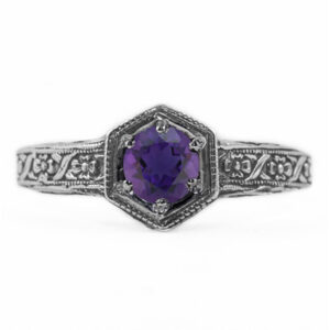 Floral Ribbon Design Vintage Style Amethyst Ring in 14K White Gold