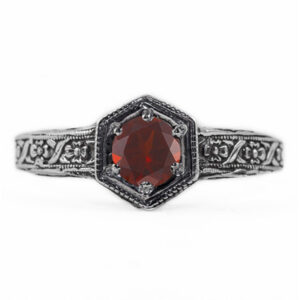 Floral Ribbon Design Vintage Style Garnet Ring in Sterling Silver