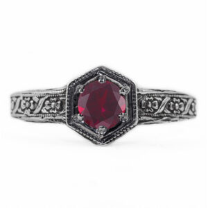 Floral Ribbon Design Vintage Style Ruby Ring in Sterling Silver