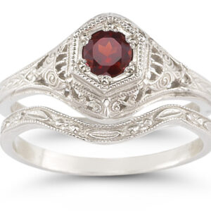 Garnet Bridal Wedding Ring Set in 14K White Gold