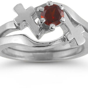 Garnet Cross Christian Wedding Ring Bridal Ring Set, 14K White Gold