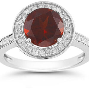 Garnet and Diamond Halo Ring in 14K White Gold