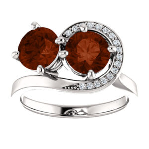 Garnet and Diamond "Only Us" Swirl Design Two Stone Ring in 14K White Gold