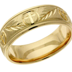 Gold Christian Cross and Leaves Wedding Band Ring