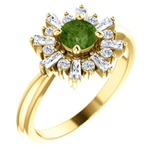 Green Tourmaline and Baguette Diamond Halo Ring, 14K Yellow Gold