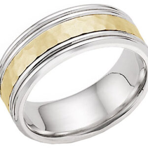 Hammered Double Edged Wedding Band in 14K Two Tone Gold