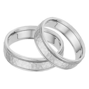 Hammered Milgrain Wedding Band Set in 14K White Gold