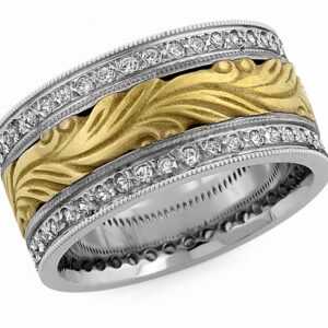 Hand Carved Paisley Diamond Wedding Band, 14K Two-Tone Gold