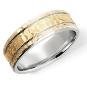 Handcrafted 14K Two-Tone Gold Contrasting Hammered Wedding Band Ring