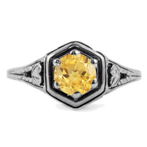 Heart Design Vintage Style Citrine Ring in 14K White Gold