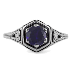 Heart Design Vintage Style Sapphire Ring in Sterling Silver
