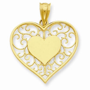 Heart in Heart Polished & Filigree Pendant, 14K Gold