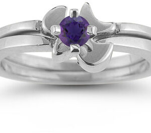 Holy Spirit Dove Amethyst Bridal Ring Engagement Set, 14K White Gold