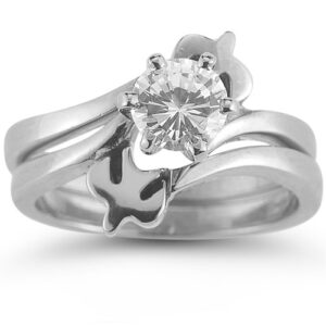 Holy Spirit Dove Diamond Bridal Engagement Ring Set, 14K White Gold