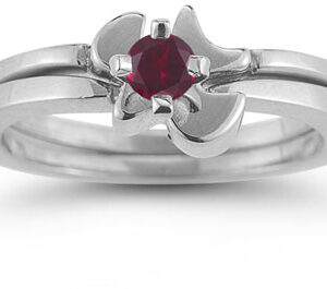 Holy Spirit Dove Ruby Engagement Ring Set, 14K White Gold